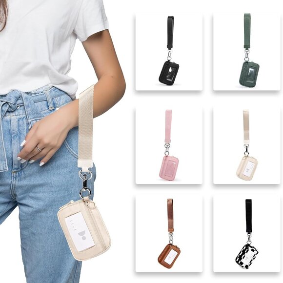 Beige Mini Zip Card Case for Women with Clear ID Window, Coin Purse, Lightweight - Picture 7 of 8